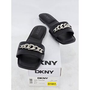 DKNY Dania Flat Slide Womens Size 6 Black Silver Chain Sandals - Excellent